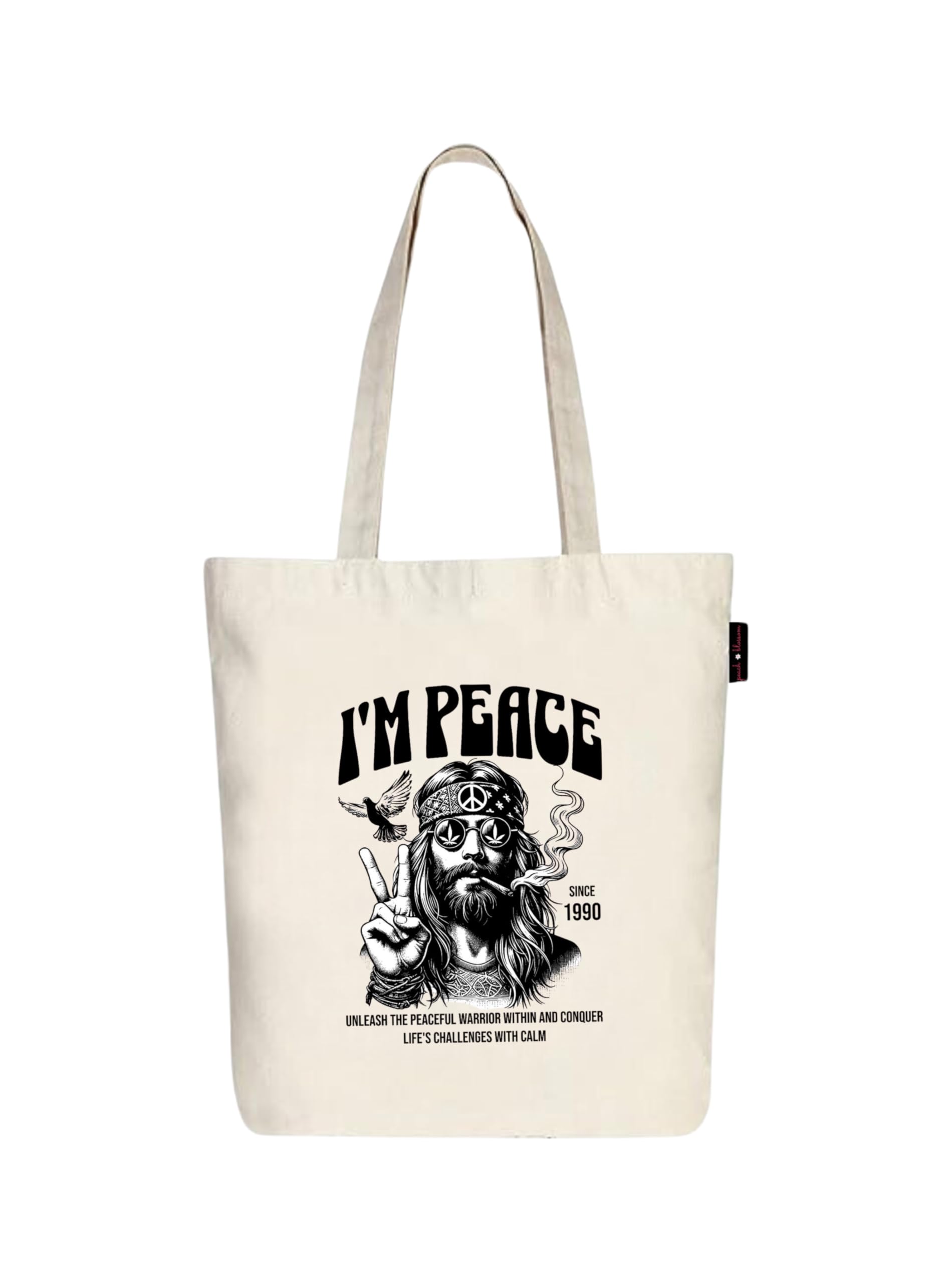 Peach Blossom Printed Cotton Zipper Tote Bags | CBAG - WHT-I M PEACE