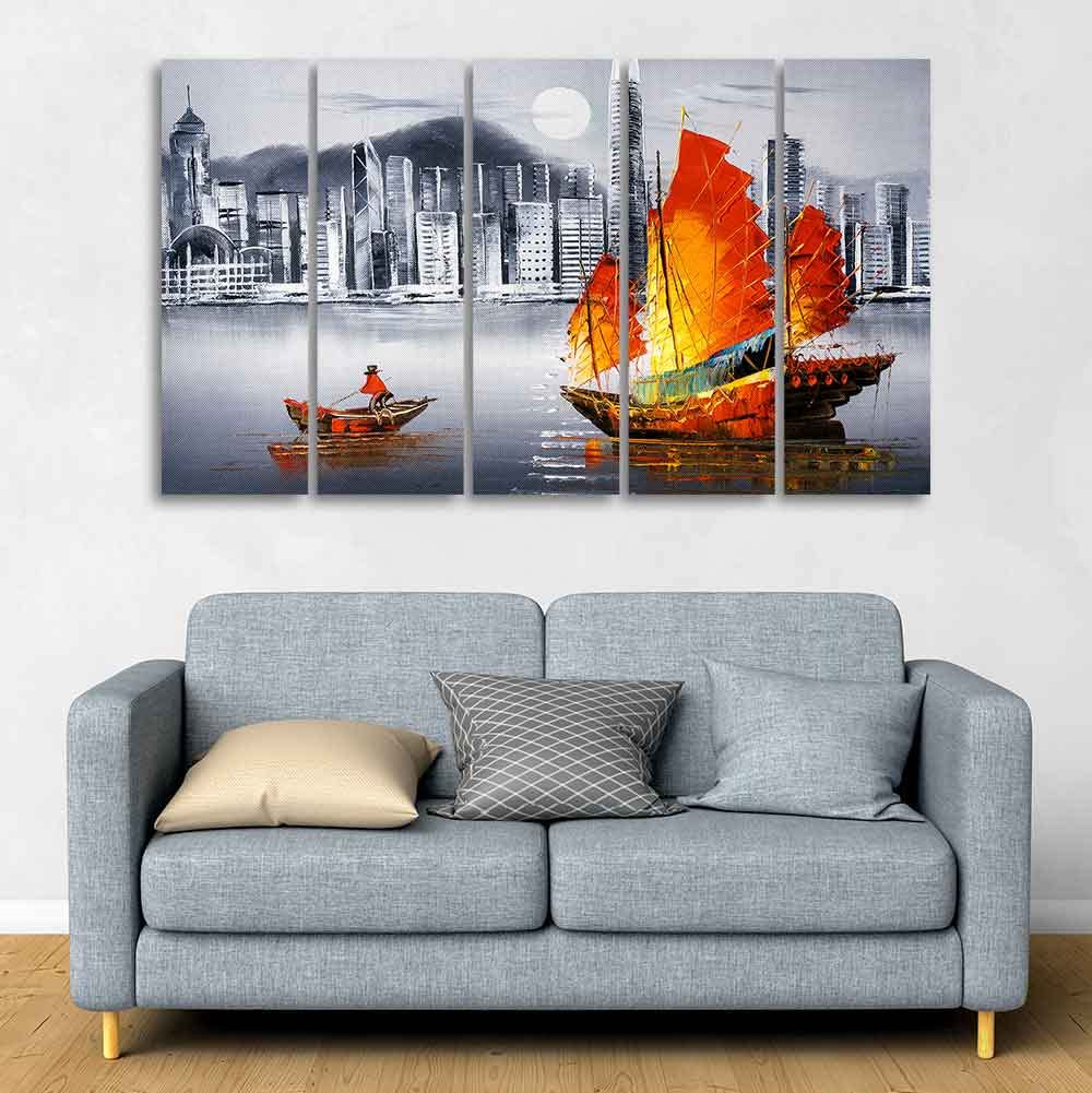 VIBECRAFTS Premium Wall Painting of Victoria Harbor, Hong Kong Set of Five For Home|Office|Living Room|Gift (PTVC5Pcs4_8637)
