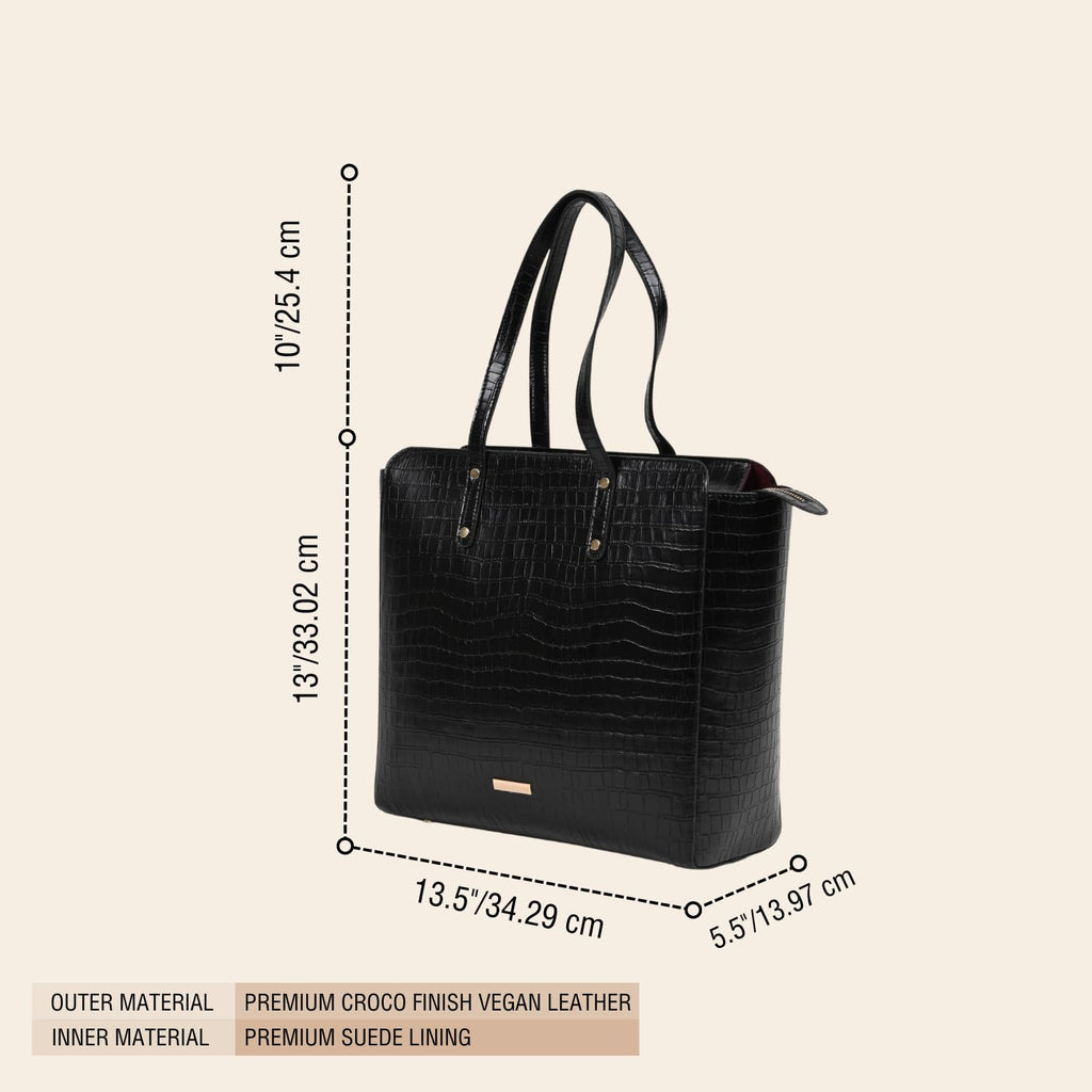 The Gusto Beyond+ Croco - Premium Vegan Leather Tote Bag for Women, Big Size, Black | Stylish Handbag for women with Zip Closure | Fit for Office Bag, College, Travel Use | Handcrafted in India
