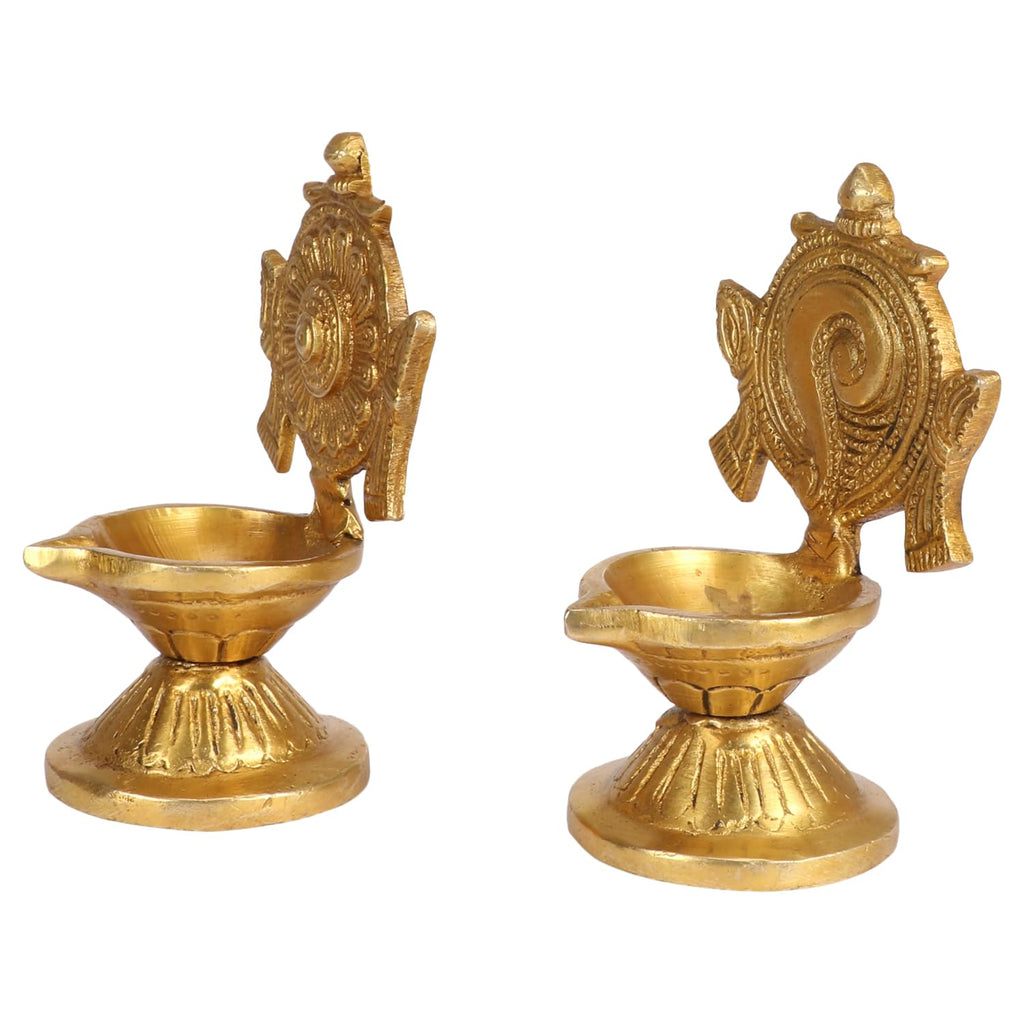 Svarup Brass Shankha-Chakra Diya Set: Home Temple Aarti Deepam, Puja Jyot, Table Mandir
