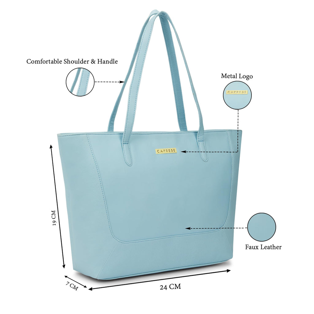 Caprese Yorkie Horizontal 14 Inch Laptop Compatible Large Tote Bag for Women | Stylish, Durable, and Spacious with Multiple Compartments, Back Zipper Pocket for Work, Travel (Powder Blue)