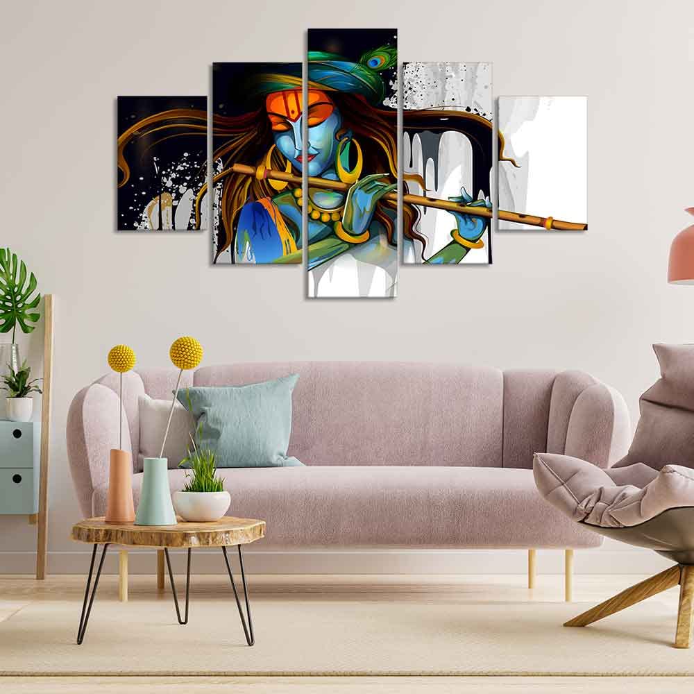 VIBECRAFTS Shree Krishna Playing Flute 5 Pieces Premium Wall Painting For Home|Office|Living Room|Gift (PTVC5Pcs1_5505)