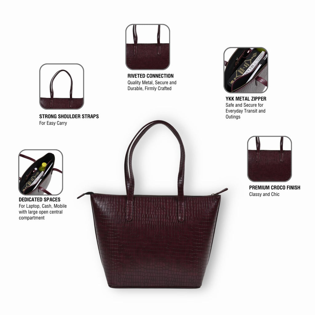 The Gusto Colossal-Premium Vegan Leather Tote Bag For Women, Big Size, Wine Stylish Handbag For Women With Zip Closure Fit For Office Bag, College, Travel Use Handcrafted In India, Brown