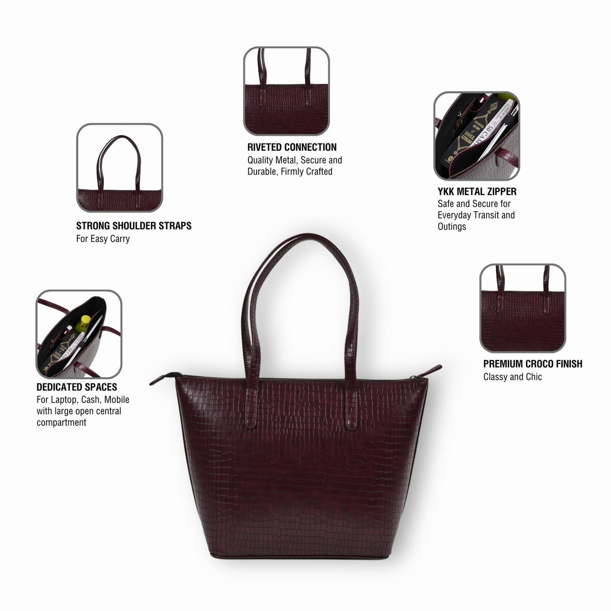 The Gusto Colossal-Premium Vegan Leather Tote Bag For Women, Big Size, Wine Stylish Handbag For Women With Zip Closure Fit For Office Bag, College, Travel Use Handcrafted In India, Brown