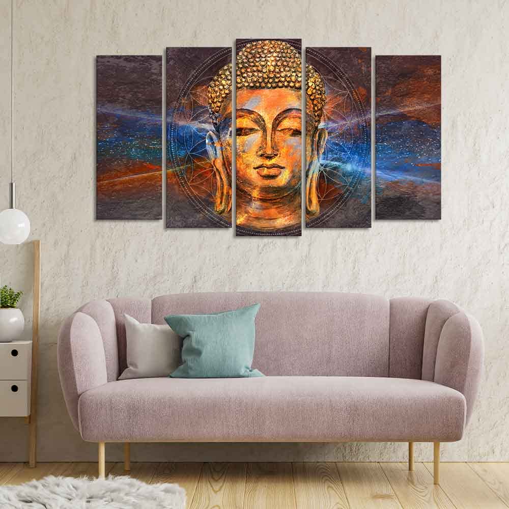 VIBECRAFTS Gautam Buddha Head Canvas Wall Painting Set of Five For Home|Office|Living Room|Gift (PTVC5Pcs2_6529)
