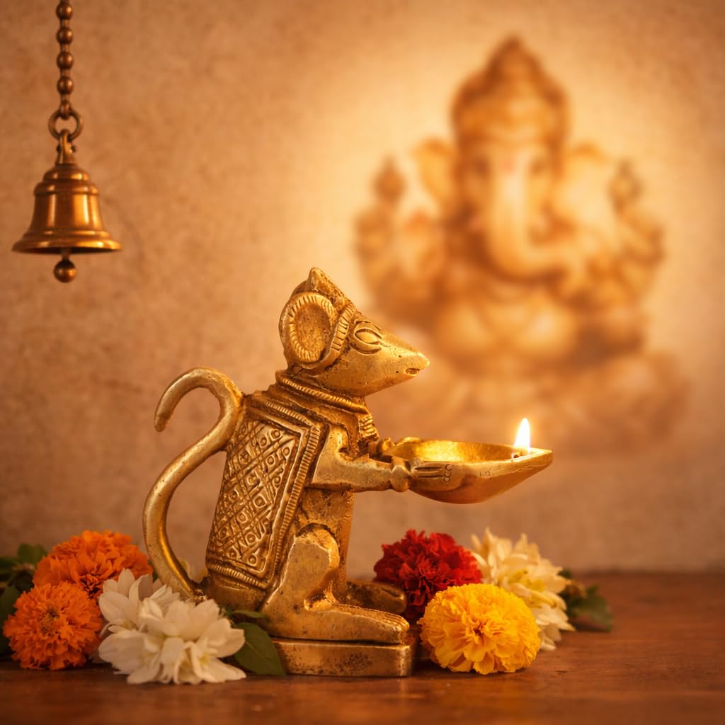 Svarup Brass Rat Diya Oil Lamp Ganesha Collectible Handicraft Art Product for Puja, Home, Decoration, Diwali and Gift 3.5 Inch.