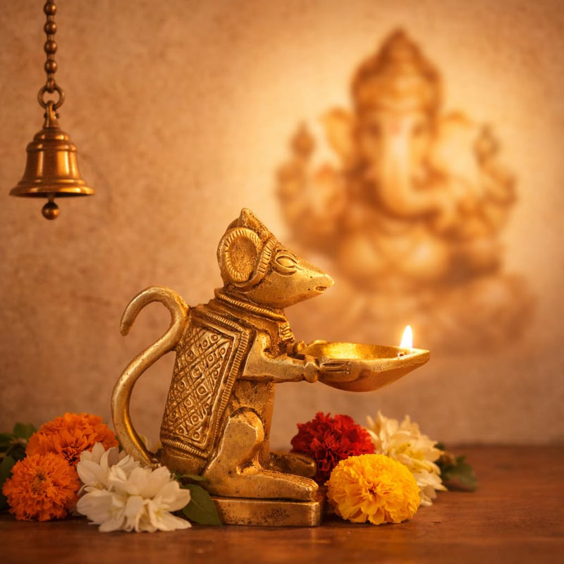 Svarup Brass Rat Diya Oil Lamp Ganesha Collectible Handicraft Art Product for Puja, Home, Decoration, Diwali and Gift 3.5 Inch.