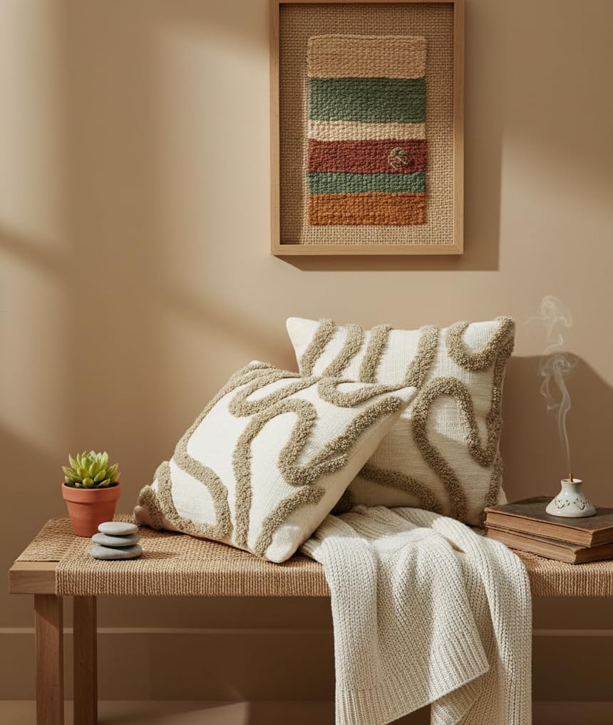 Furnistitchs Premium Decorative Throw Cushion Pillow Cover Boho Home Decor - Living Room Bedroom Couch Sofa Cushion Covers 16 inch x 16 inch (2, Cream Multi Zigzag)