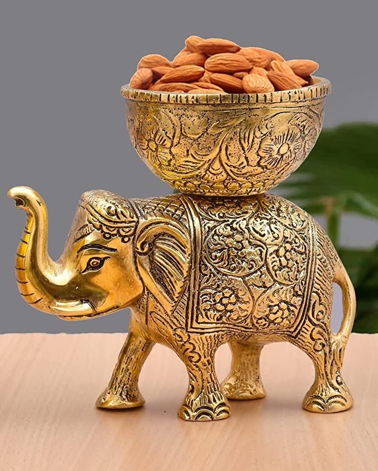 KridayKraft Metal Elephant Dry Fruit Bowl Showpiece Gold Polish for Your Home,Office Table & Gift Article,Animal Decorative Showpiece Figurines.