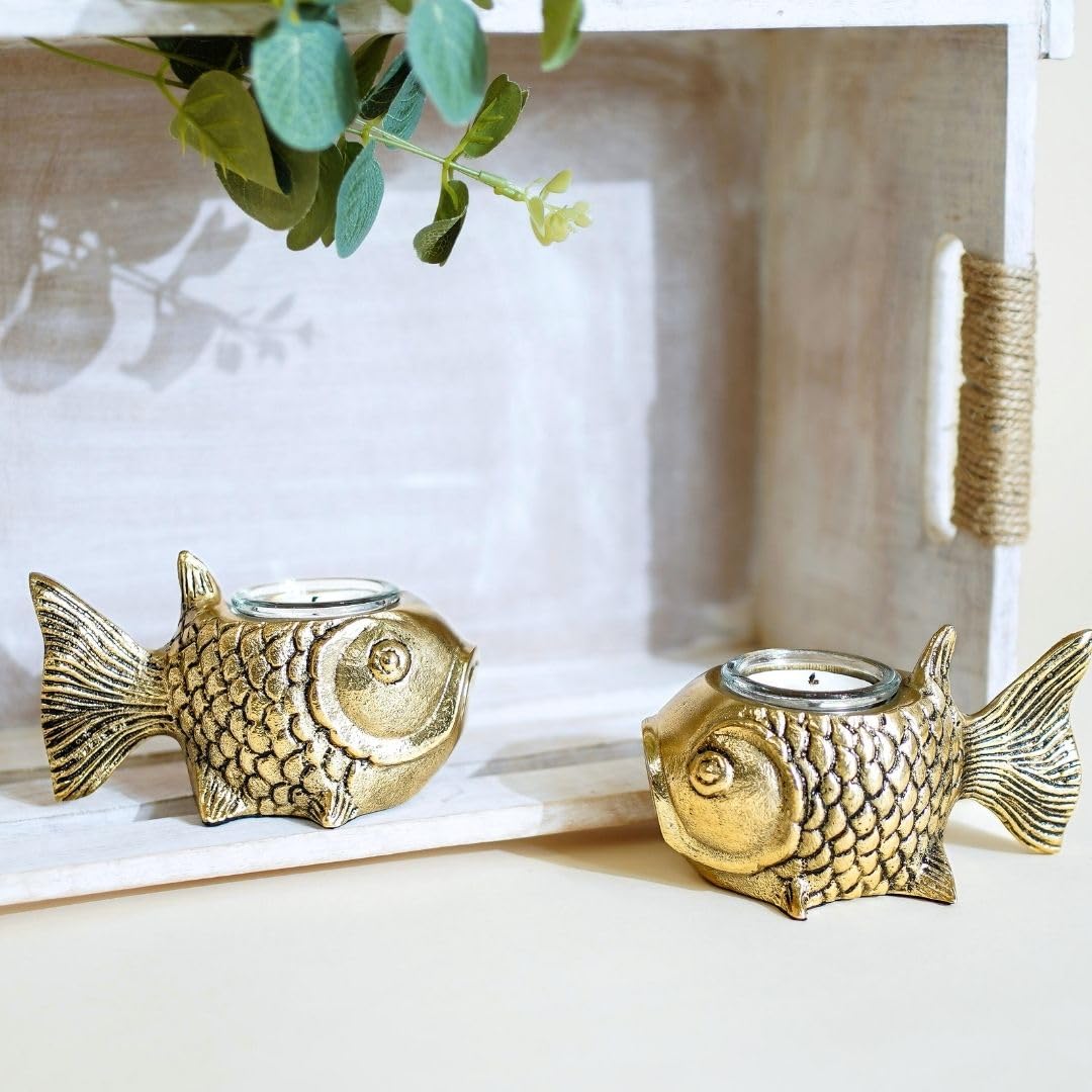 BEHOMA Metal Fish Aluminum Figurine with Votive, Gold, 13.5 cm