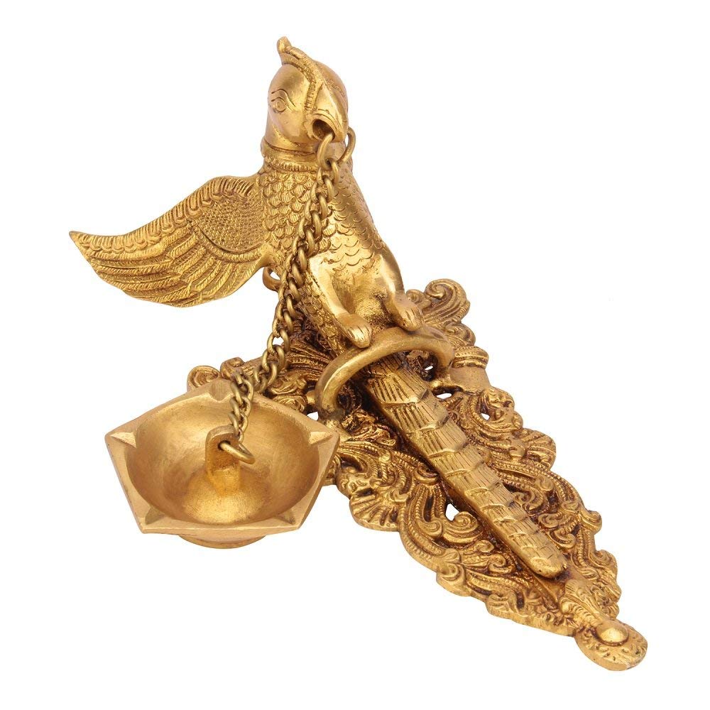 Svarup Brass Metal Diya for Home Entrance Decor Puja Room Parrot Hanging Chain Oil Lamp Wall Deepak Showpiece Feng Shui Gift Diwali Length 9.5 Inch