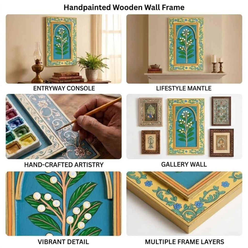 ATRANGI STUDIO Motiphool Handpainted Wooden Wall Frame | Rajasthani Traditional Craft | Decorative Floral Wall Hanging Art for Living room, Bedroom, Office | 12×18 Inch, Teal