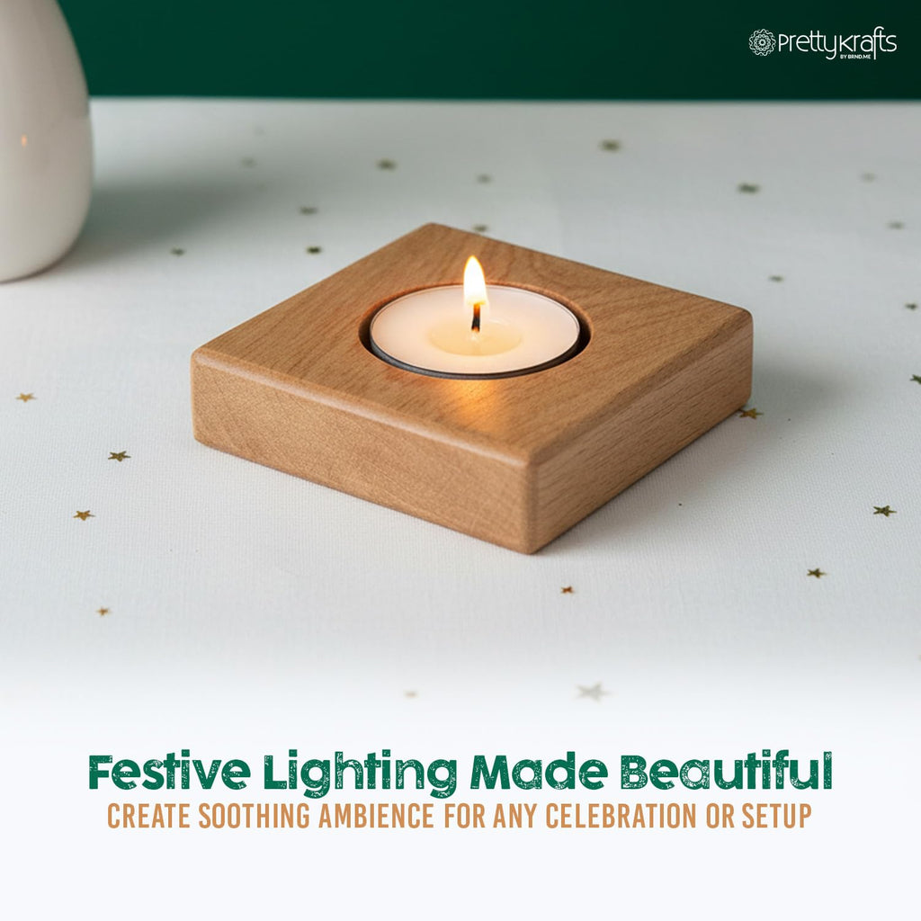PrettyKrafts Square Wooden T-Light Holder | Single Tealight Candle Holder | 4x4 Inch | 15mm Thick MDF | Brown Wooden Table Décor for Home, Living Room, Pooja, Office Christmas & Festive Decoration