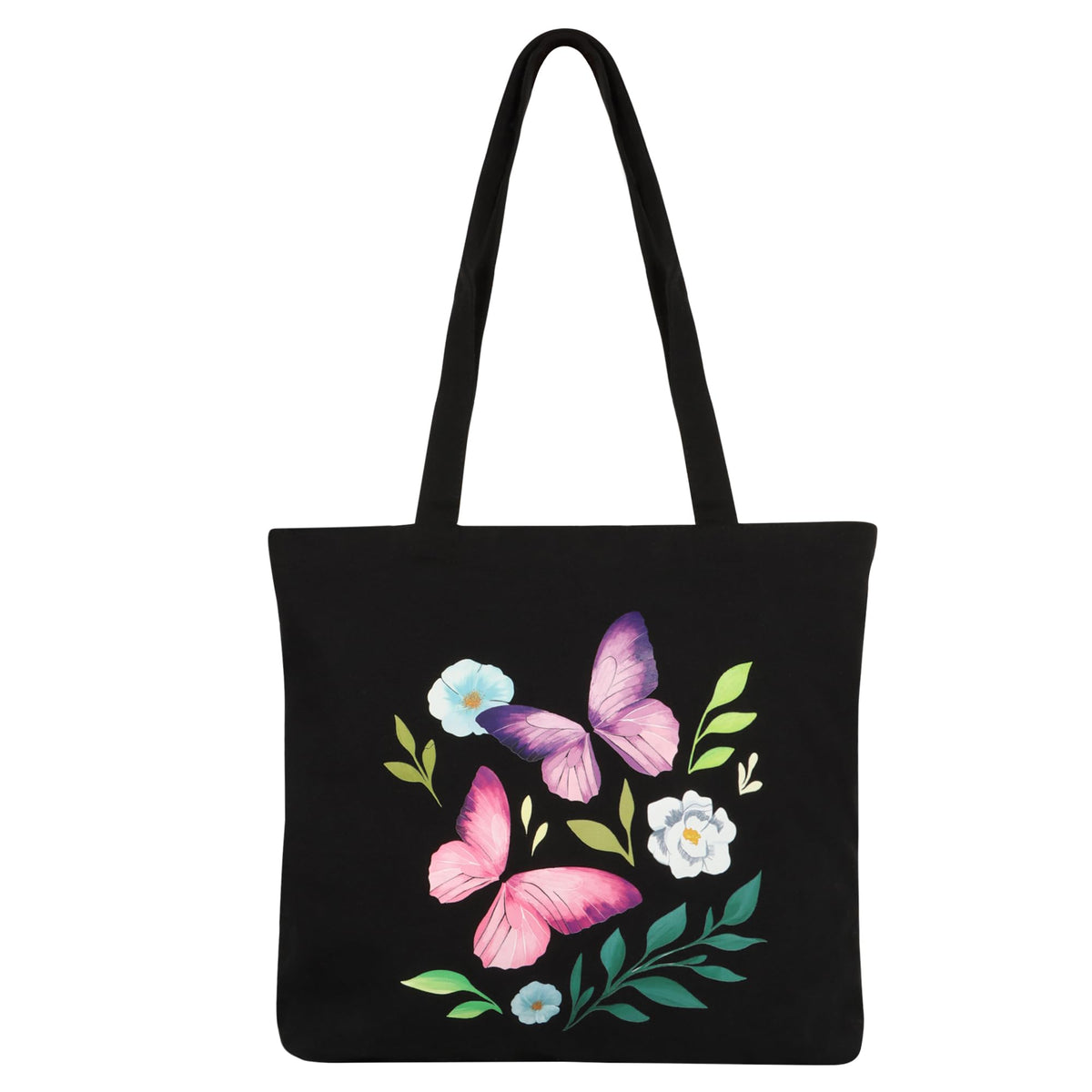 Large Cotton Canvas Tote Bags for Women and Girls with Bottle Holder Black College Tote Bags with Zipper & Inner Pocket Travel Beach Shopping Work Office Daily use Handbags (Floral Butterfly)