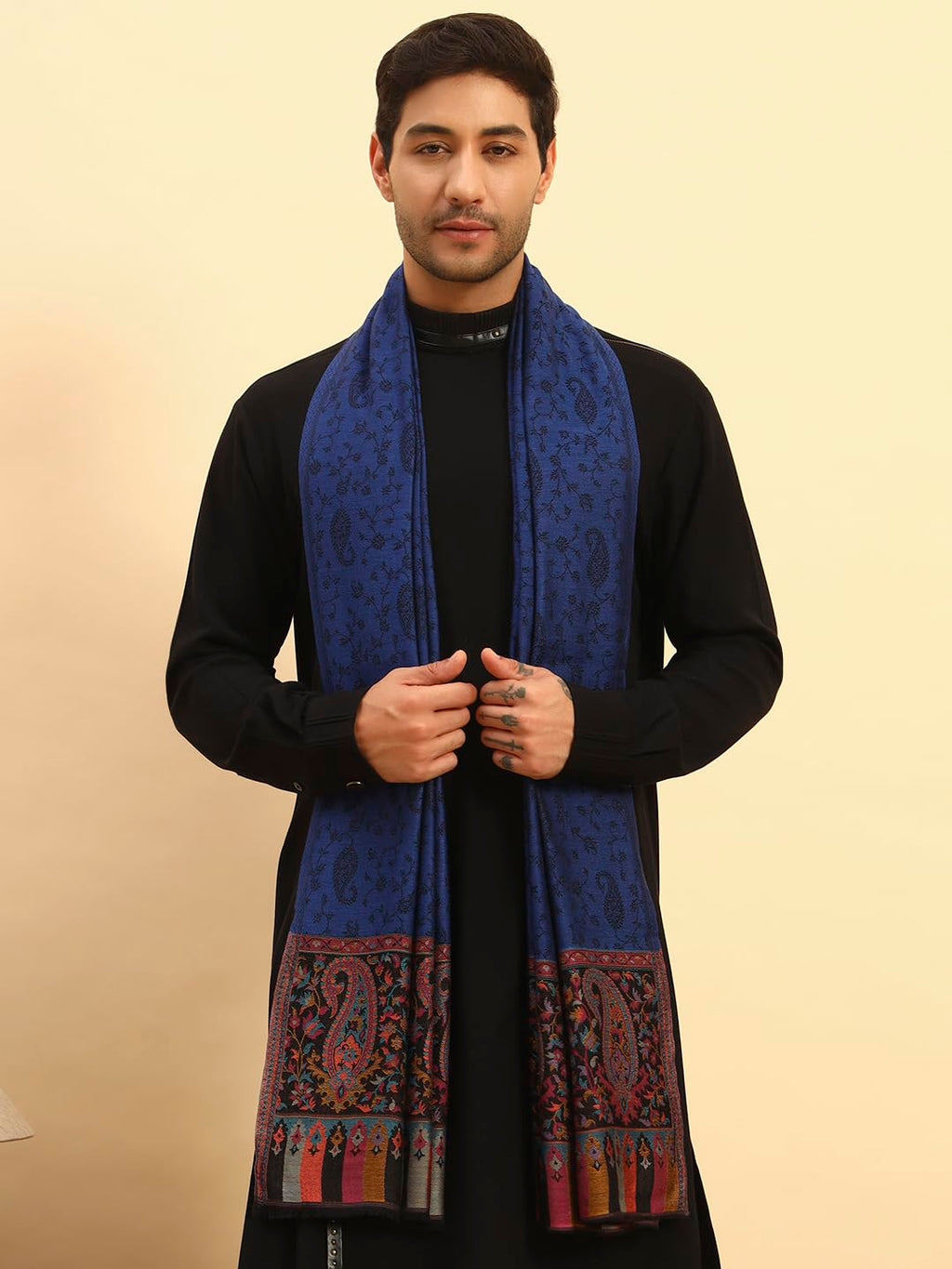 Pashmoda Men Gulpari Kaani Stole, Authentic Kashmiri Luxury Pashmina Style Shawl, Stole, Small Size Gents Lohi, (Size 28x80 Inches,Navyblue Color) MAVST06