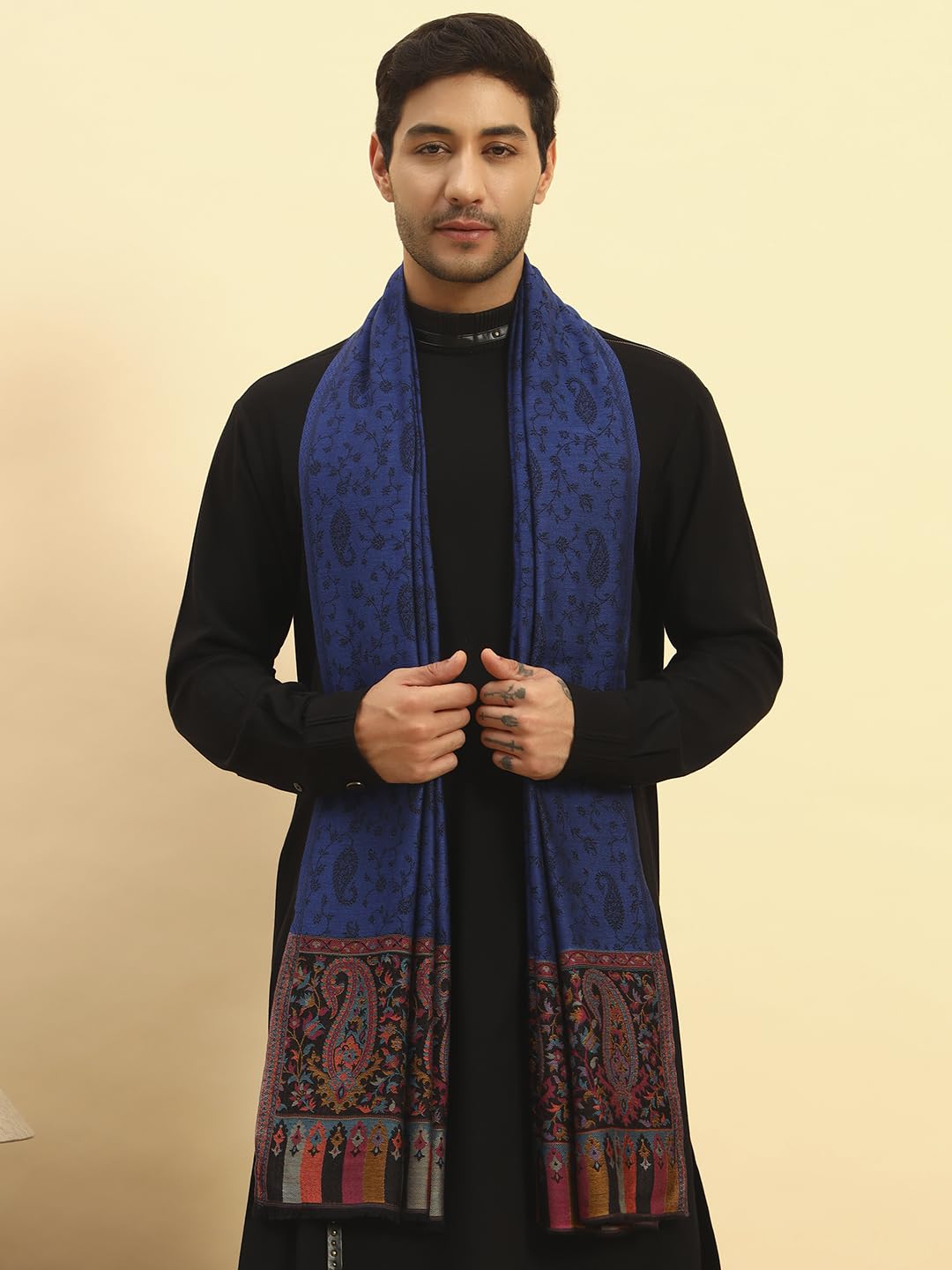 Pashmoda Men Gulpari Kaani Stole, Authentic Kashmiri Luxury Pashmina Style Shawl, Stole, Small Size Gents Lohi, (Size 28x80 Inches,Navyblue Color) MAVST06