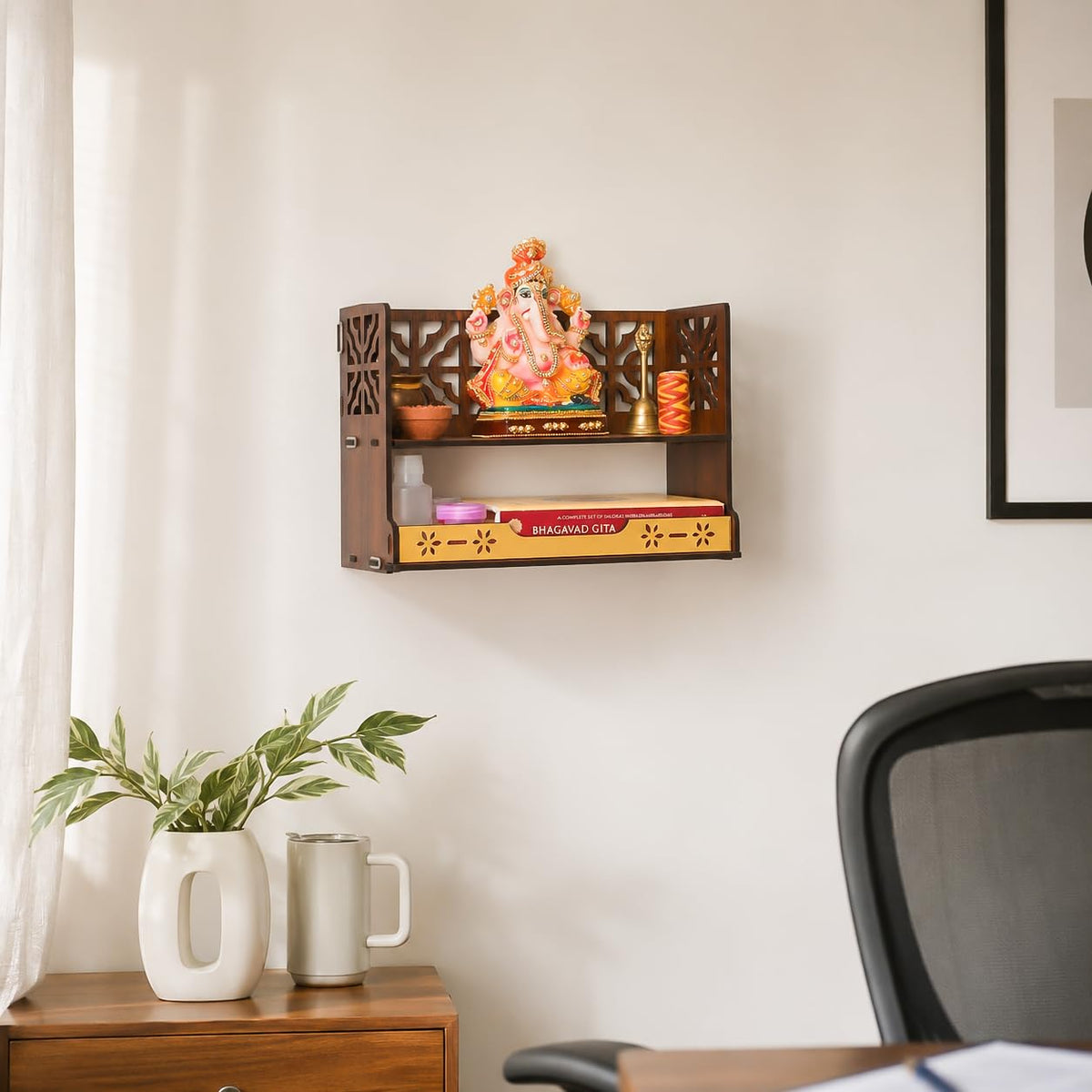 GKD Aastha Compact Wooden Pooja Mandir for Home & Office | Small Table Top & Wall Mounted Wooden Temple Stand with Golden Acrylic Elegance | Devghar (H-8 x L-12 x W-5.5 Inch)