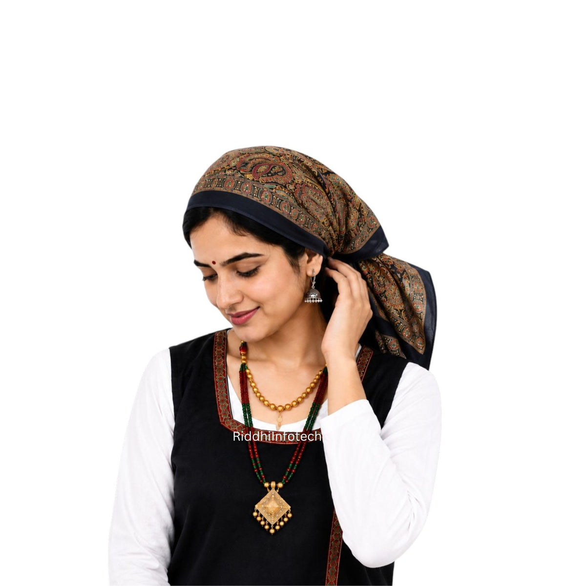 RiddhiInfotech Uttarakhand Pahadi Printed Square Scarf for Women | 26 x 26 Inch Traditional Head Scarf | Vintage Hair Wrap, Bandana, Neck Scarf & Stylish Fashion Accessory | Multicolour