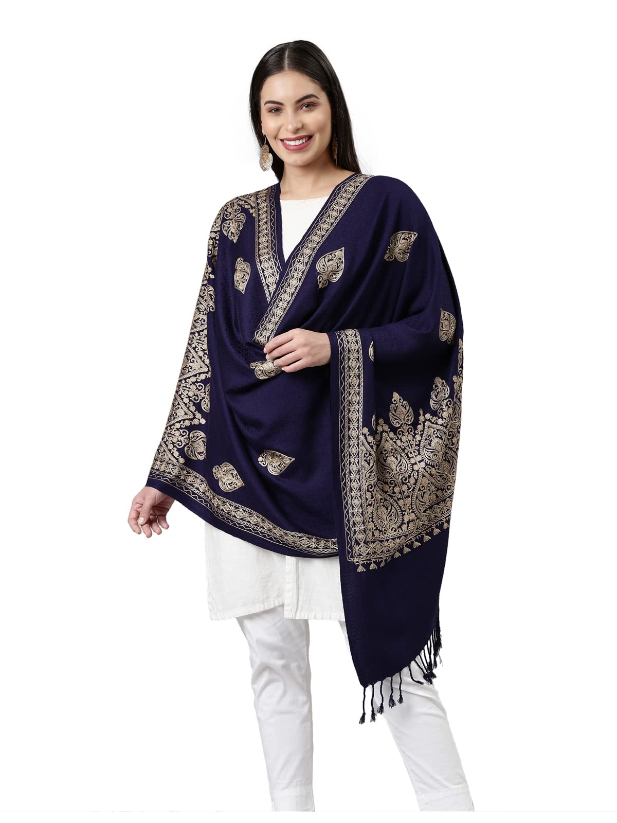 Pashmoda Women Kashmiri Aari Embroidery Stole (Size: 71X203 CM) (Navy Blue)