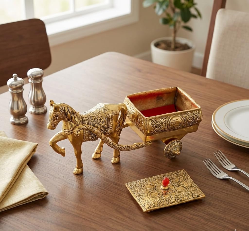KridayKraft Horse Cart Aluminium Statue Gold Plated Horse Cart Murti Showpiece Religious Figurines Gift Article for Home and Office Table and Car Dashboard Decor (Golden)