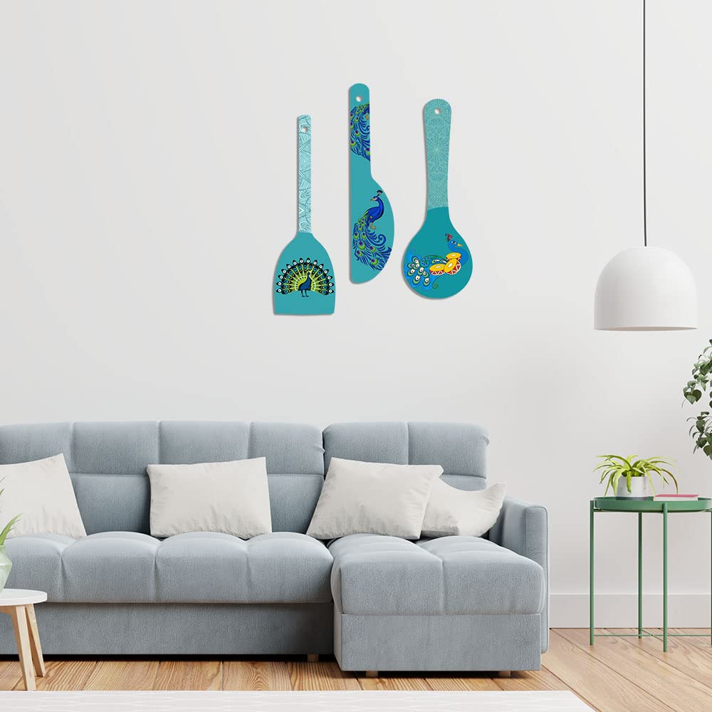 Artvibes Beautiful Artistic Peacock In Different Poses Wooden Art Decoration Item for Living Room | Printed Wall Decoration | Graphic Artwork | Wall Illustrations | Gift Items (WH_5022N), Set of 3