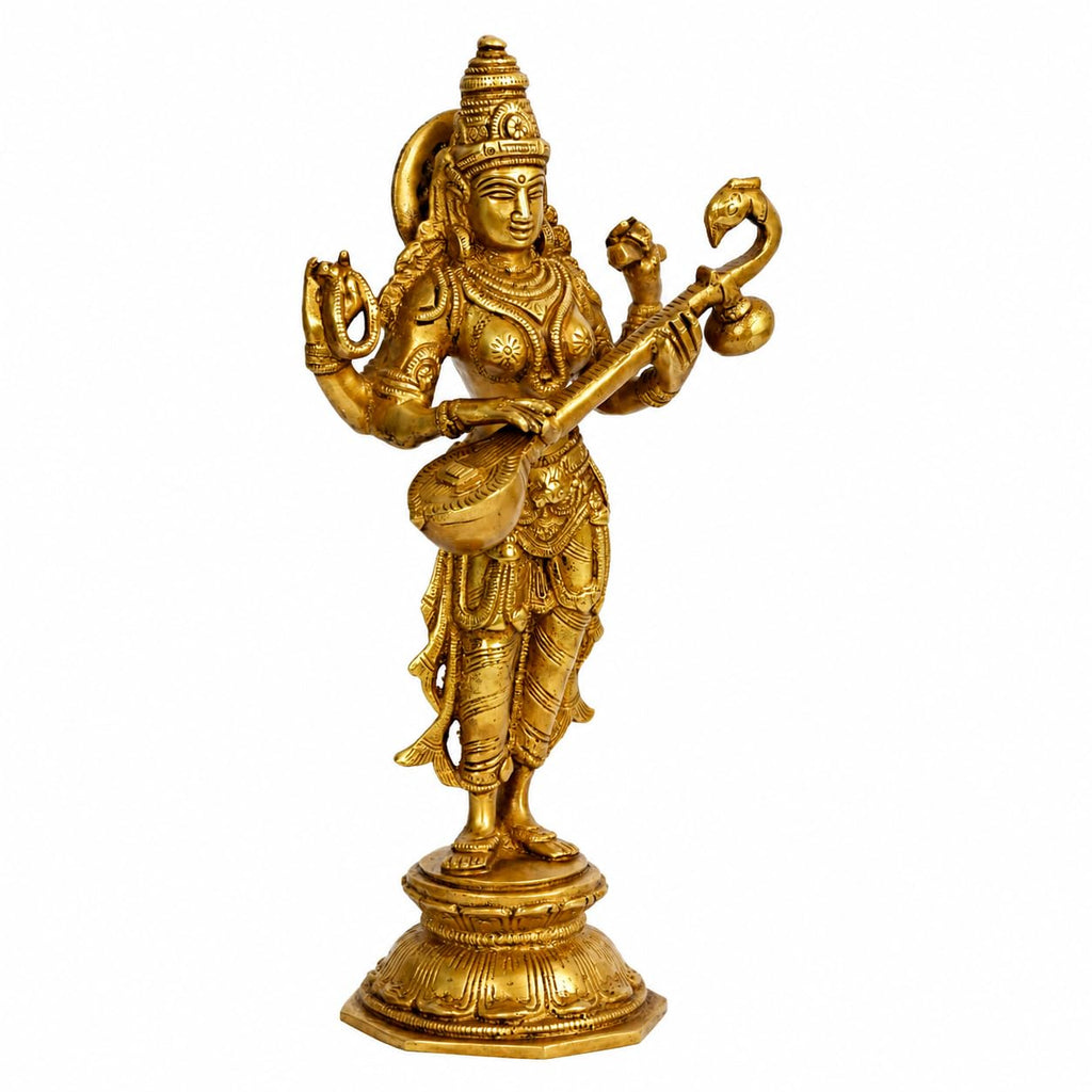 ARTVARKO Brass Goddess Maa Saraswati Statue Standing Education Study Vidya Devi Idol Spiritual Puja Vastu Showpiece Religious Murti Sculpture Knowledge Music & Art 10 Inches