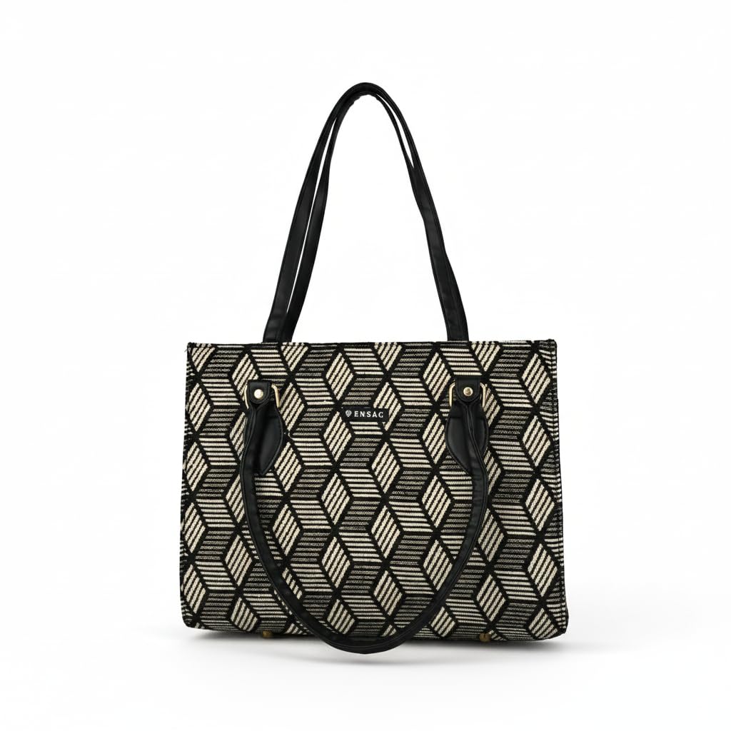 ENSAC Premium Cotton Jute Tote Bag for Women, Stylish Handbag for women with Zip Closure | Fit for Office Bag, College, Travel Use | Handcrafted in India
