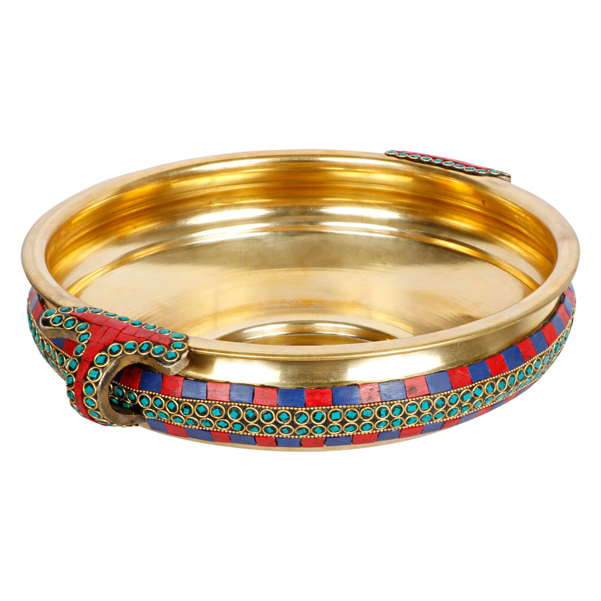 ARTVARKO Multicolor Gemstone Handwork Brass Traditional Urli Bowl Showpiece for Floating Flowers Candles Home Office Decor Diwali Gift 12 Inches