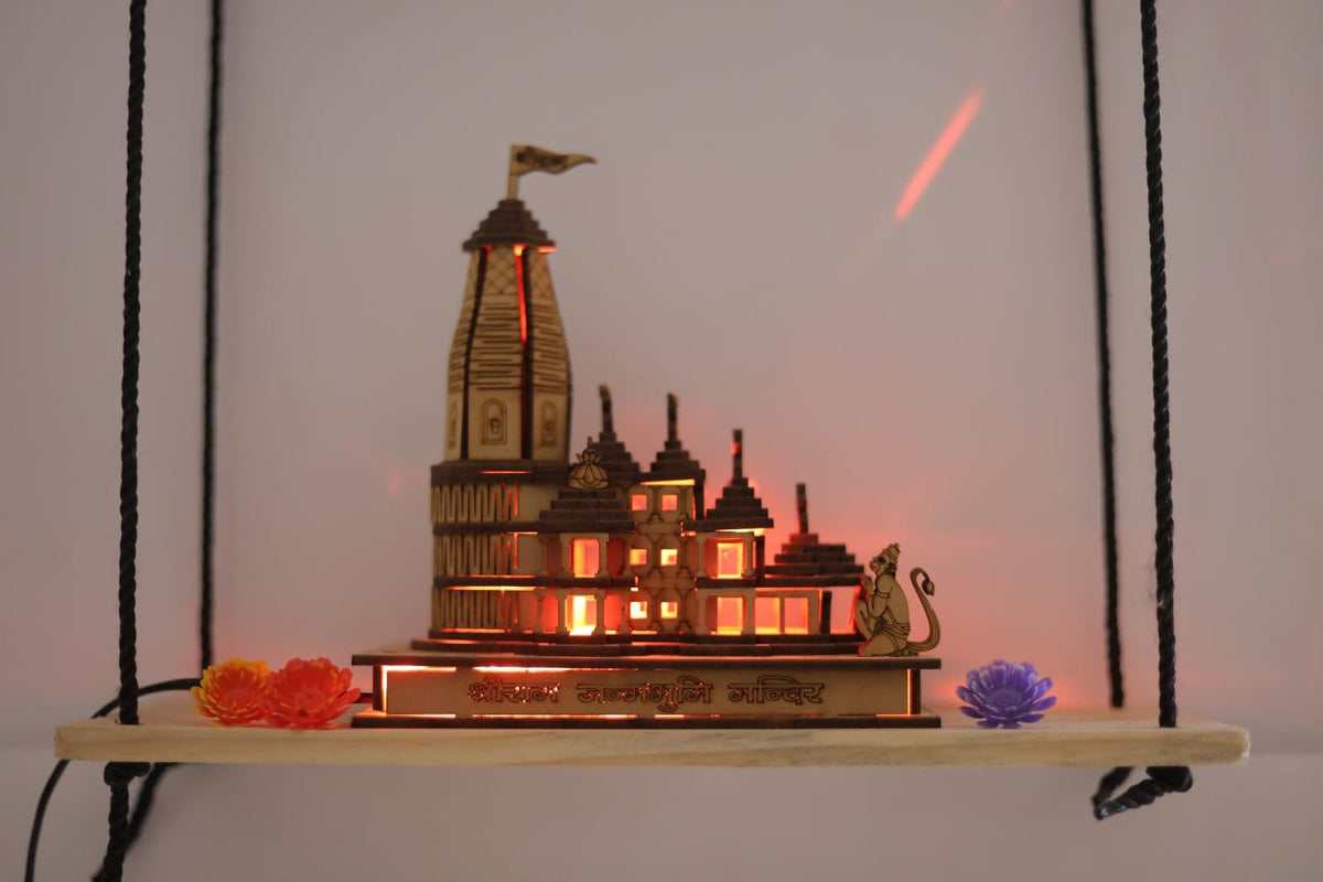 A & S VENTURES Shri Ram Mandir Ayodhya 3D Model Wooden Hand Carved Temple 6 inches Decorative Showpiece Wood Temple for Gift Replica (with Lights)