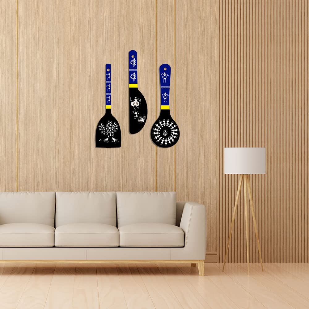 Artvibes Traditional Indian Tribal Warli Art Decorative MDF Wooden Wall Art for Home | Handcrafted Art | Festive Decor | Wall Illustrations | Paintings For Wall | Gift Items (WH_5018N), Set of 3