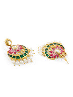 ZAVERI PEARLS Green Pink Meenakari Lotus Design Kundan Embellished Necklace & Earring Set For Women-ZPFK19169