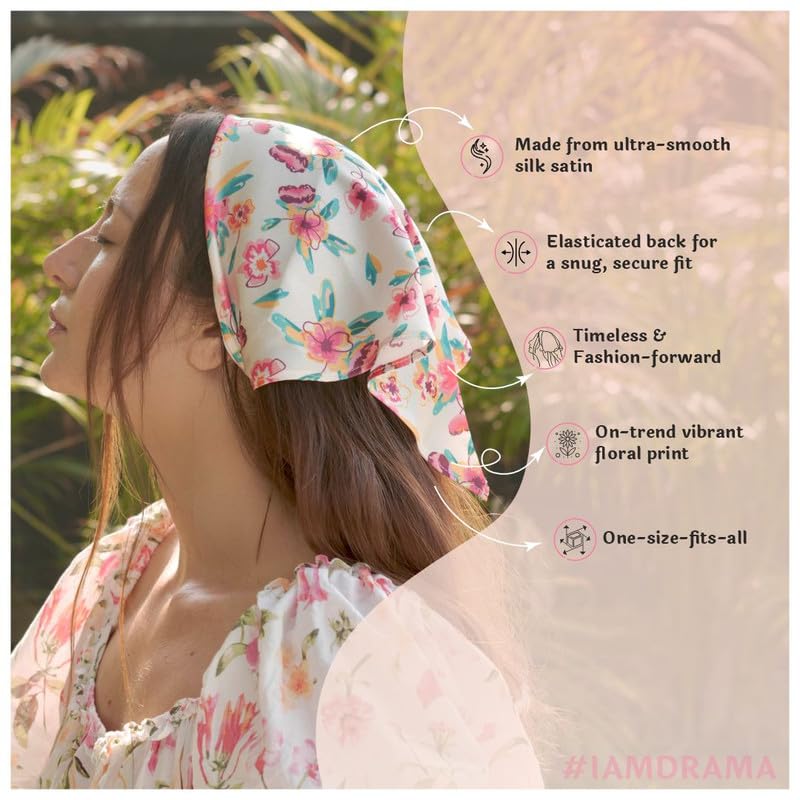 Hair Drama Co. Bloom Floral Print Elastic Bandana Head Scarf for Women | Silk Satin Head Wrap Bandana Scarves | Boho Style Statement Headband Scarves | All Day Wear Hair Scarf Accessories