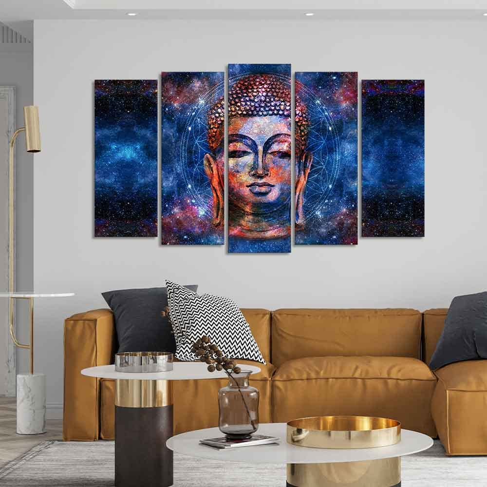 VIBECRAFTS Divine Buddha Head Colorful Wall Painting Set of Five Pieces For Home|Office|Living Room|Gift (PTVC5Pcs2_6534)