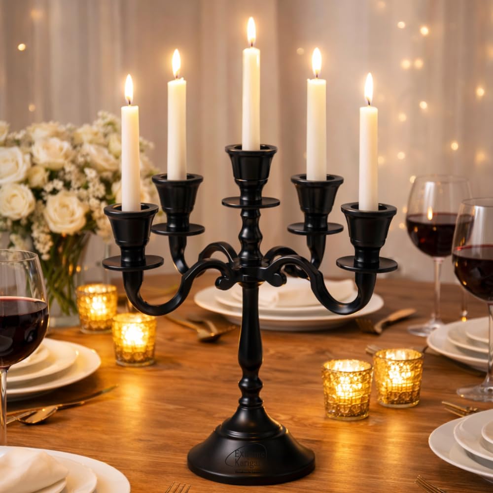 Extreme Karigari Aluminum 5-Arm 8inch Black Matt Candelabra for Dining Table | Vintage Candle Stand for Romantic Dinner, Home & Wedding Decor