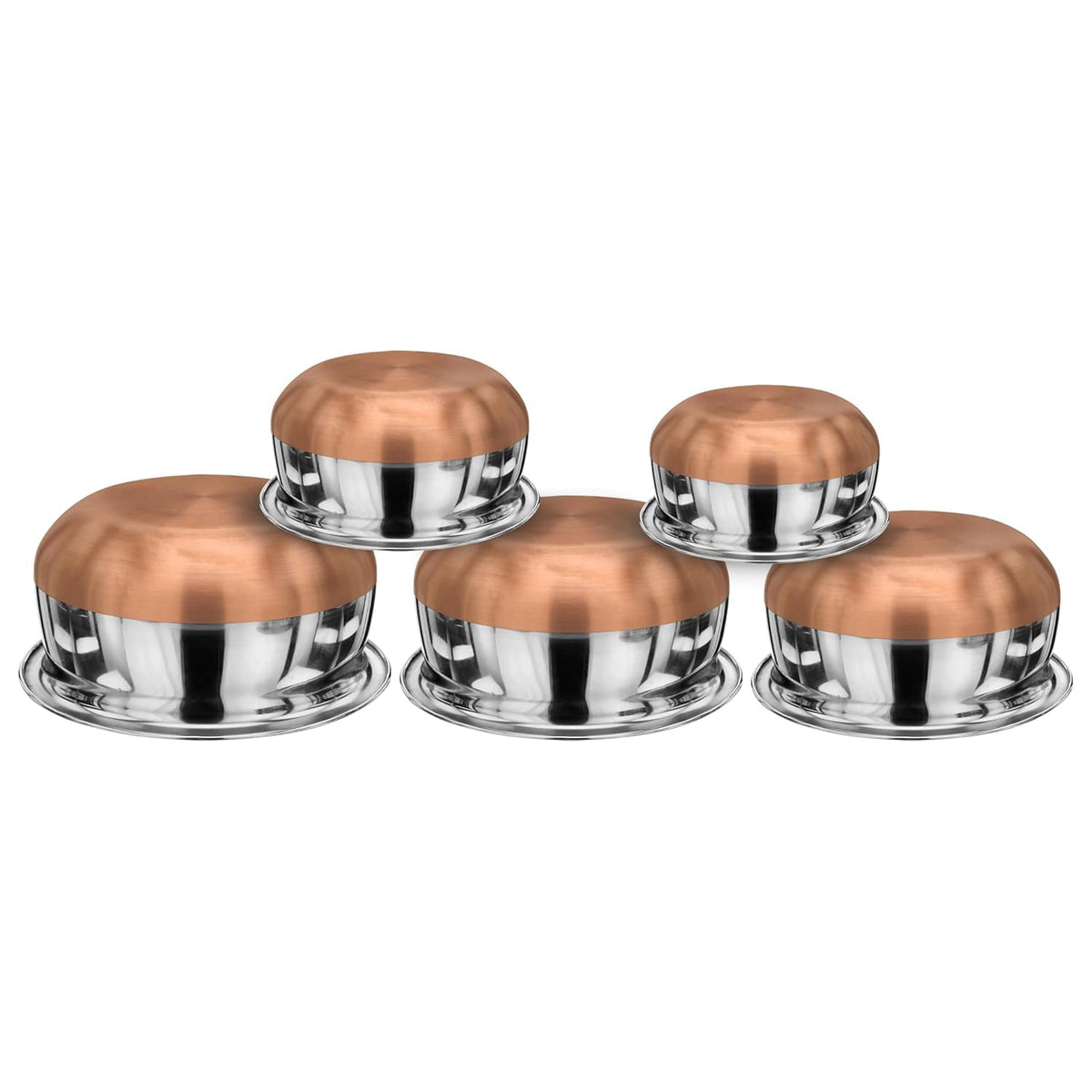 Set of 5 Copper Coated Stainless Steel Handi Set with Lids | Serving & Storage Bowls for Kitchen, Dining & Traditional Indian Meals | Mirror Finish Multipurpose Cookware Set
