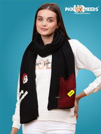 Pick Ur Needs Women Winter Woolen Muffler with Trendy Patch Design Soft Warm Knitted Scarf for Girls & Ladies Stylish Casual Mufflers (Black)