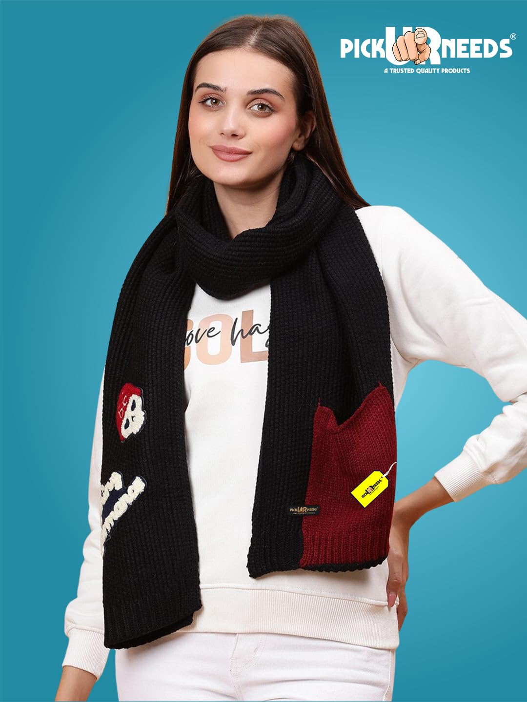 Pick Ur Needs Women Winter Woolen Muffler with Trendy Patch Design Soft Warm Knitted Scarf for Girls & Ladies Stylish Casual Mufflers (Black)