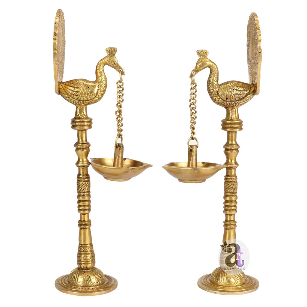 Artvarko Pair of Bird Peacock Hanging Chain Diya Oil Lamp Stand Brass Hindu Religious Puja Fengshui for Home Decor Temple Diwlai Puja Decorative Gift 9 Inches
