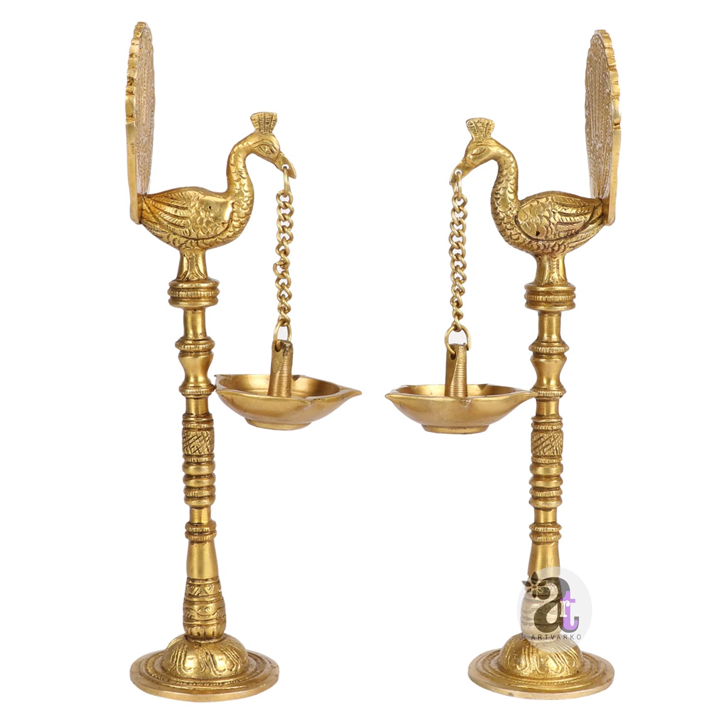 Artvarko Pair of Bird Peacock Hanging Chain Diya Oil Lamp Stand Brass Hindu Religious Puja Fengshui for Home Decor Temple Diwlai Puja Decorative Gift 9 Inches