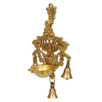 ARTVARKO Brass Diya with Three Hanging Bells on Chain Designer Lotus Kamal Wall Diya Home Office Décor Deepak Decorative Deepam Showpiece Gifting 10 Inch