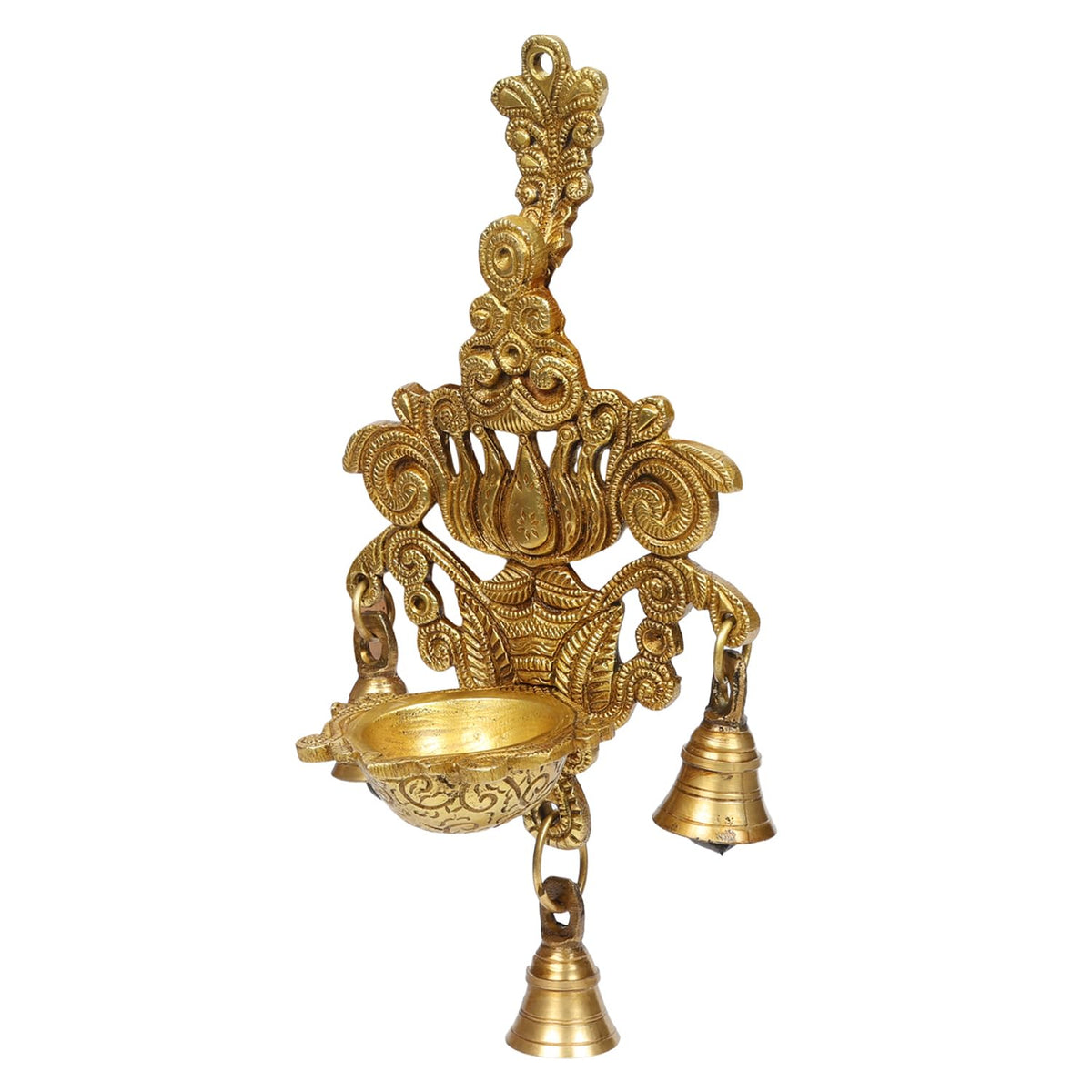 ARTVARKO Brass Diya with Three Hanging Bells on Chain Designer Lotus Kamal Wall Diya Home Office Décor Deepak Decorative Deepam Showpiece Gifting 10 Inch