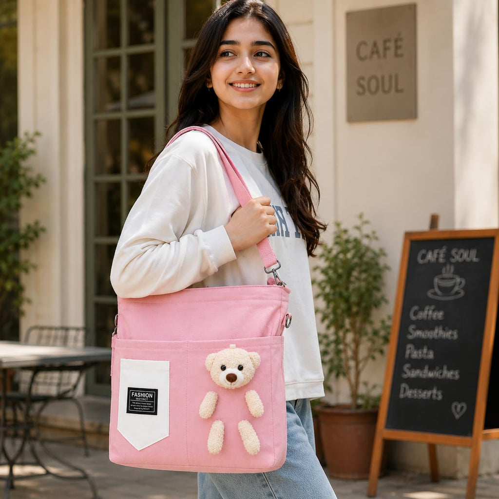 BROGBUS Canvas Tote Bag for Women with Teddy Bear Charm, 3-Way Convertible Crossbody Shoulder Handbag, Adjustable Sling Strap, Zipper Closure, College Travel Shopping Bag, Pink, 34 x 33 cm