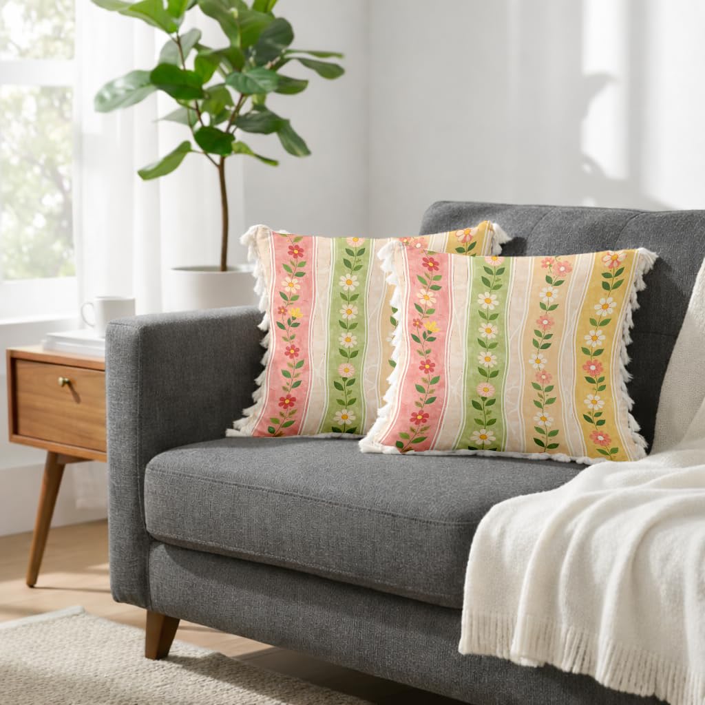 STITCHNEST 'Little Meadow Series' Tassled Cushion Cover | Set of 2 | Floral Cushion Cover 24 inch x 24 inch
