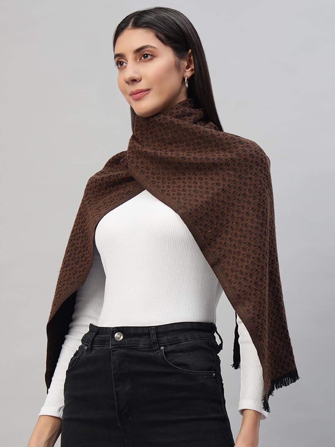 Ravaiyaa - Attitude is everything Reversible Wool Scarves Geometric Pattern Women Neck Wraps Muffler Winter Wool Scarf (72 x14 Inch, Brown)