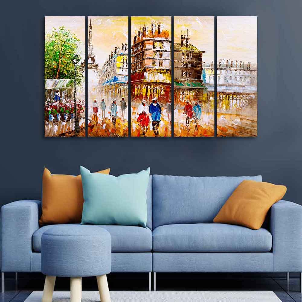 VIBECRAFTS Street View of Paris Premium Wall Painting Set of Five Pieces For Home|Office|Living Room|Gift (PTVC5Pcs4_8638)