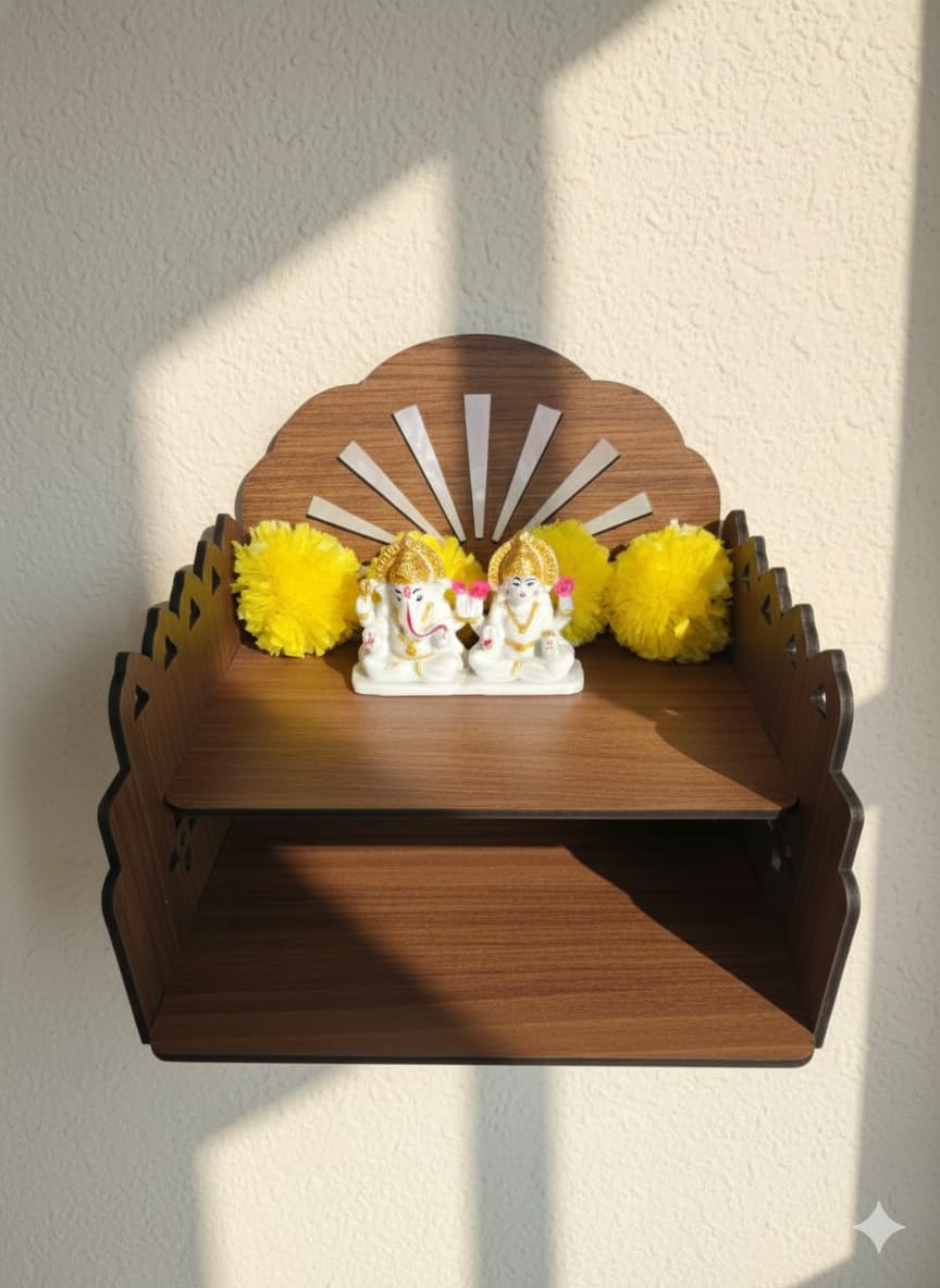 Bindian Wooden Wall Hanging Temple for Home & Office Compact 2-Tier MDF Mandir with Sunburst Jali Design – Modern Pooja Stand & Prayer