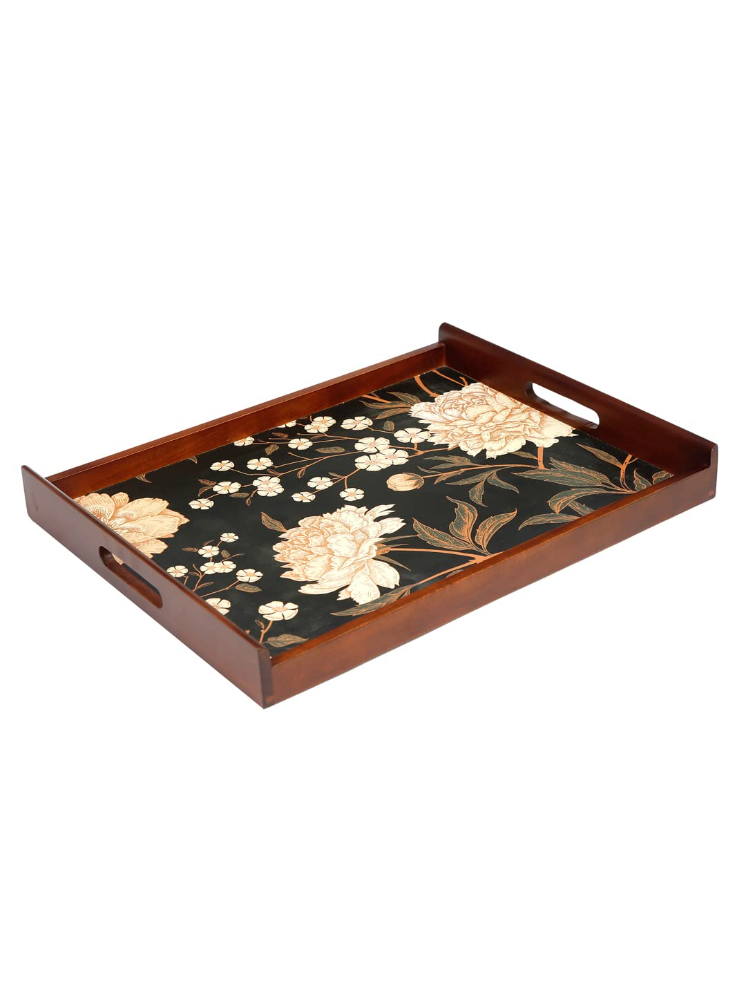 Reinvention Factory Wooden Large Serving Tray Teak Wood 12x16 inch with Handles | Black Floral Multipurpose Tray for Tea Coffee Breakfast | Decorative Tray for Kitchen Dining Home Office