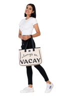 AQVA Women & Men Cotton Tote Bag | Black and White Collection Printed Handbag Shoulder Bag with Zipper and Inner Zip Pocket for Grocery, Shopping, Travel, Work, Beach Lunch (16 X 12.5 X 5_Vacay)