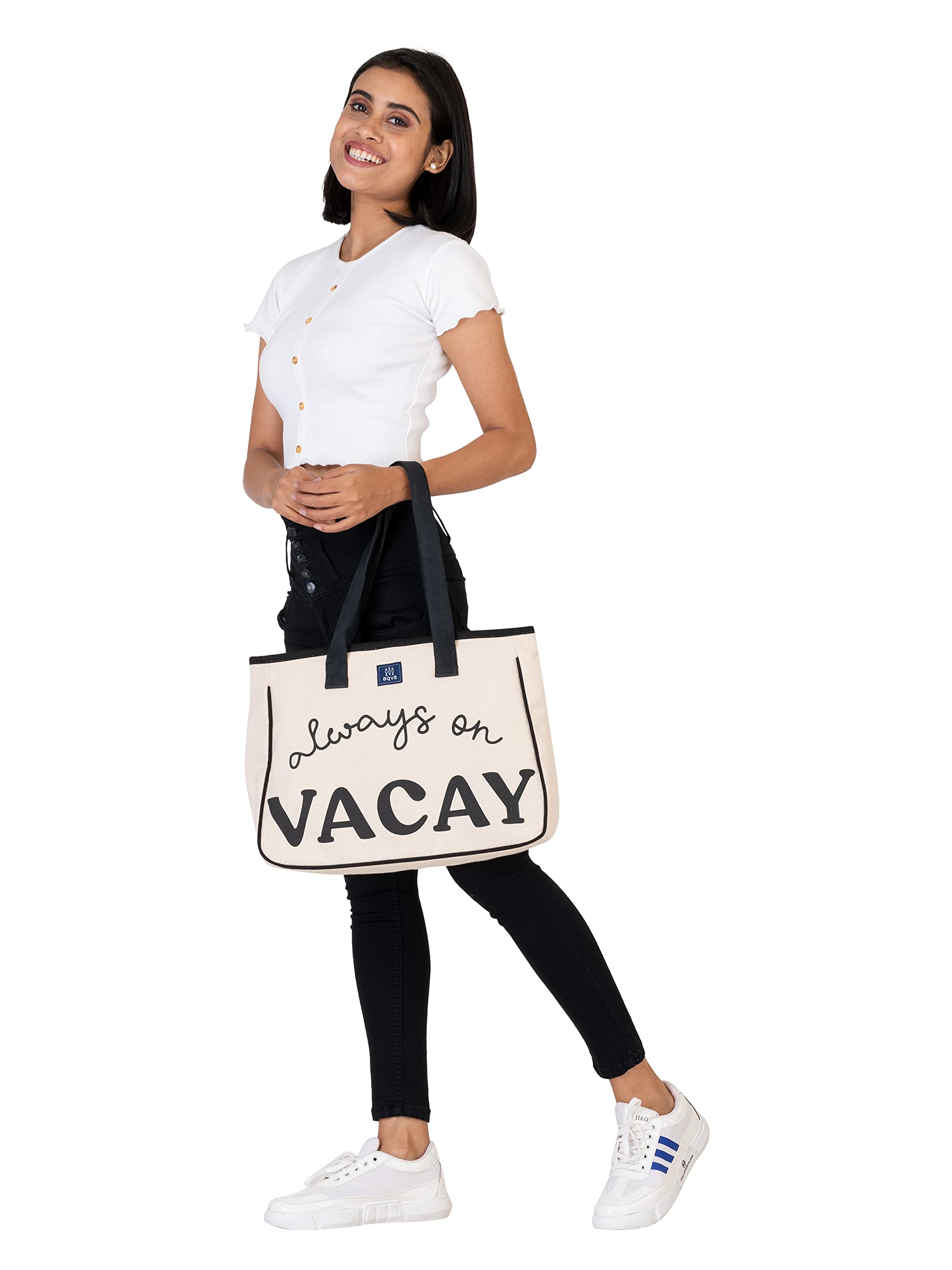 AQVA Women & Men Cotton Tote Bag | Black and White Collection Printed Handbag Shoulder Bag with Zipper and Inner Zip Pocket for Grocery, Shopping, Travel, Work, Beach Lunch (16 X 12.5 X 5_Vacay)