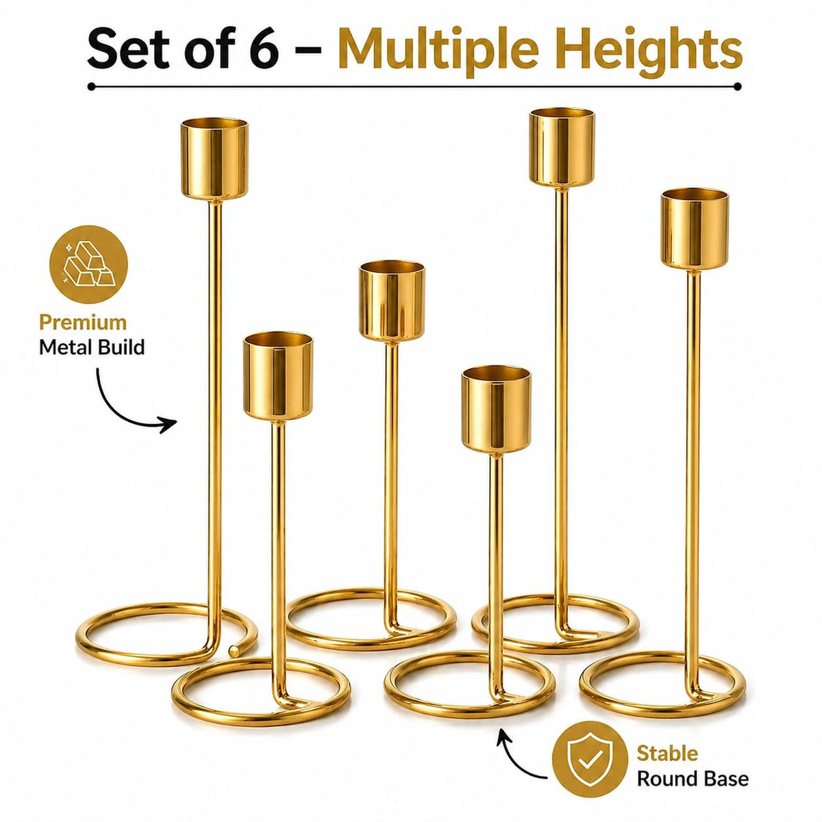 The Arts Box Metal Taper Candle Holder Set of 6 | Gold Decorative Candle Stands for Dining Table, Living Room & Wedding Centerpiece | Modern Tall Candle Holders for Home Decor & Festive Use